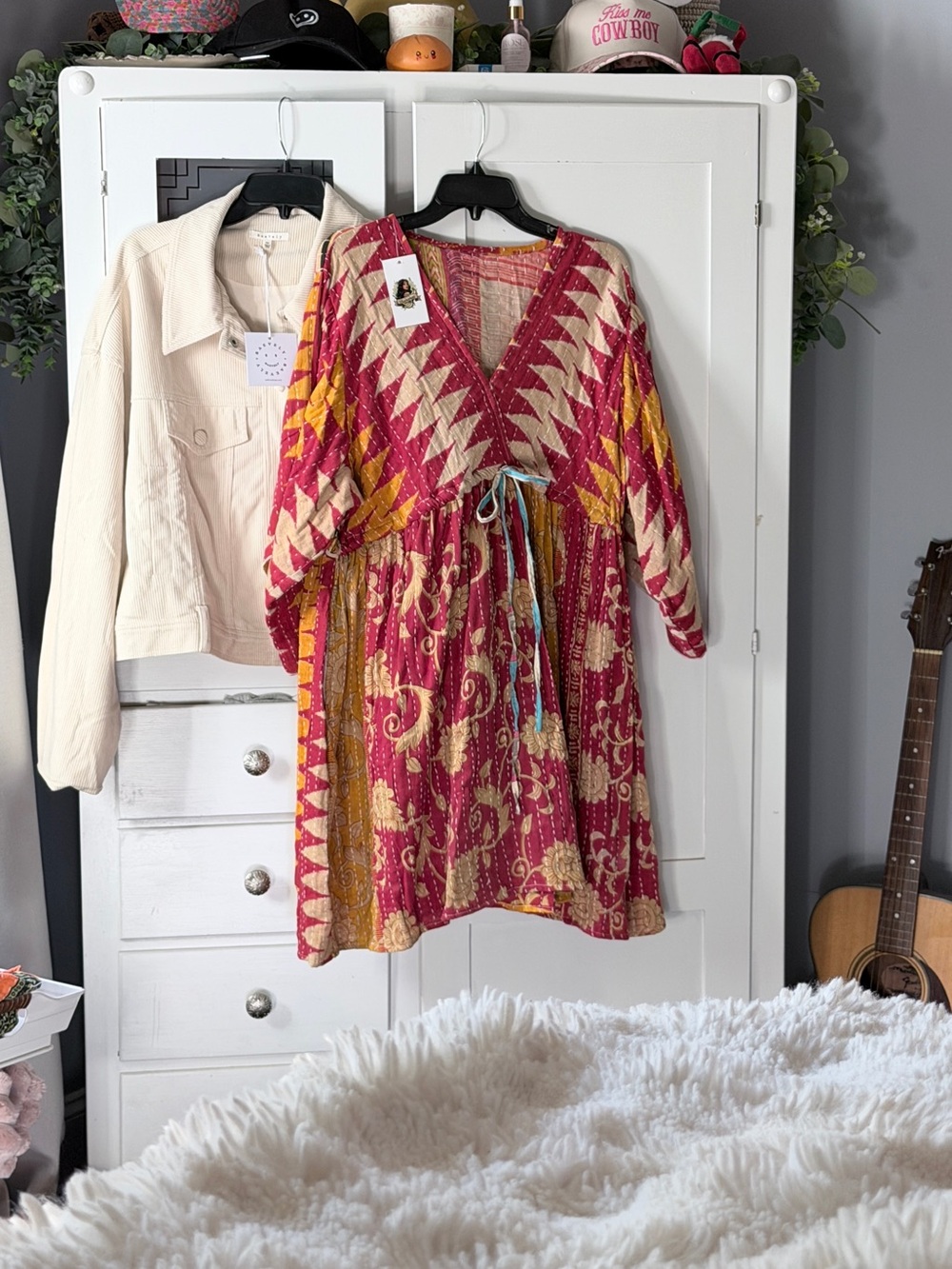 Kantha- Bohemian Drawstring Casual Dress in Pink and Yellow - Picture 9 of 9